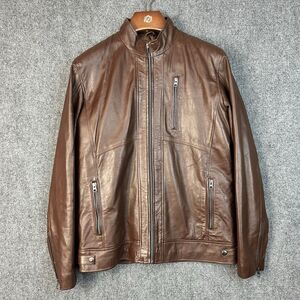 Mens Brown Leather Jacket M Cafe Racer Moto Biker Zip Quilted Lined